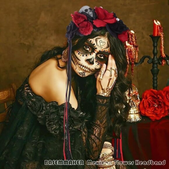 Halloween Flower Headband Skull Rose Floral Crown Gothic Costume Accessory - Picture 5 of 6